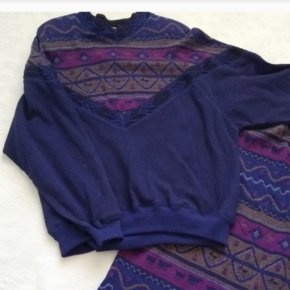Vintage 2 piece Skirt set Castelnau 90s knit Cotton western Long Sleeves Top